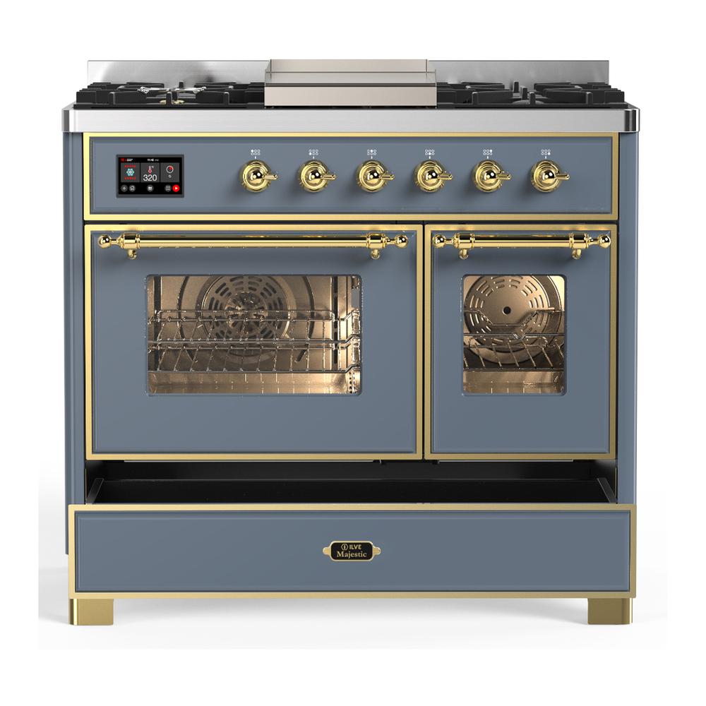 Ilve UMD40FNR3BGGLP Ilve Umd40Fnr3Bgglp Majestic Iii 40 Inch Dual Fuel Range With 6 Burners And Griddle, Dual Function Burner Up To 25,000 Btu (Liquid Propane, Triple Glass Door, Blue Grey, Brass)
