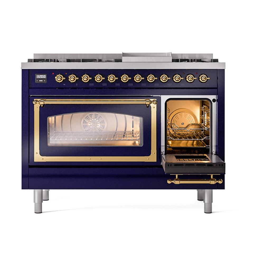 Ilve UN48FNMPMBGLP Ilve Un48Fnmpmbglp Nostalgie Ii Noblesse 48" Dual Fuel Range (8 Sealed Burners + Griddle, Liquid Propane, Triple Glass Door, Midnight Blue, Brass)