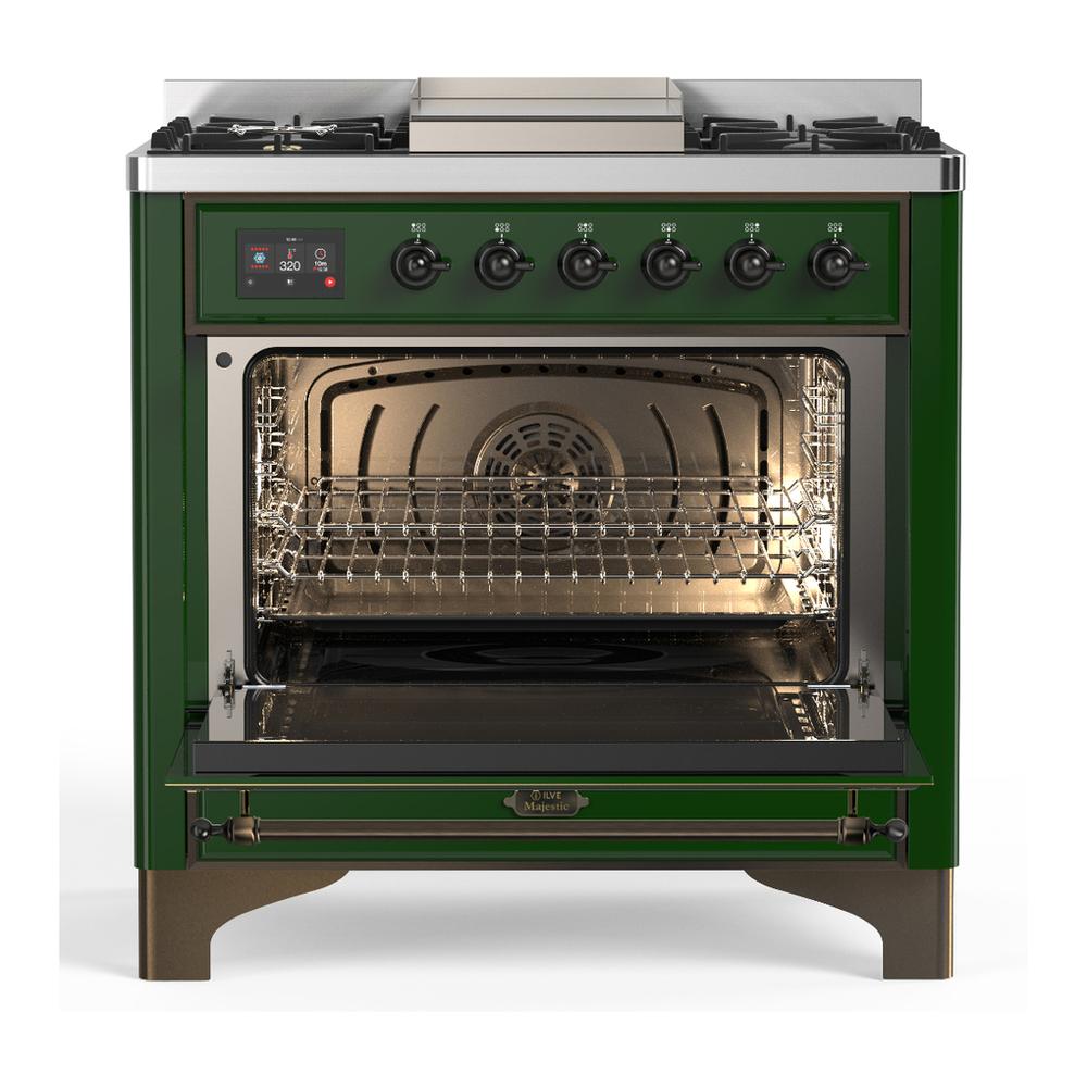 Ilve UM36FNR3EGBLP Ilve Um36Fnr3Egblp Majestic Iii 36 Inch Dual Fuel Range With 6 Black Brass Burners And Griddle, Dual Function Burner Up To 25,000 Btu (Triple Glass Door, Emerald Green, Burnished, Liquid Propane)