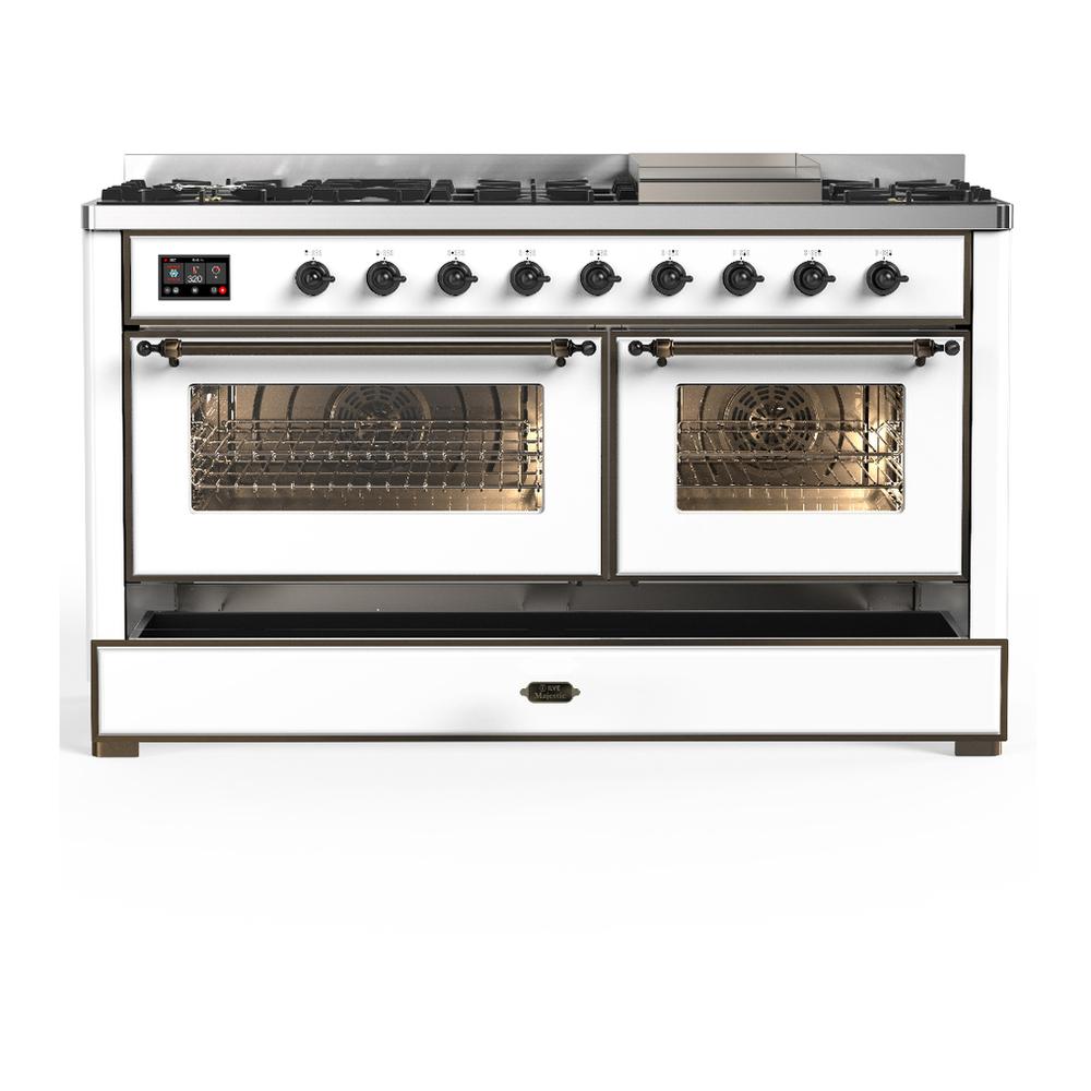 Ilve UM60FNR3WHB Ilve Um60Fnr3Whb Majestic Iii 60 Inch Dual Fuel Range With 9 Burners And Griddle, Dual Function Burner Up To 25,000 Btu (Natural Gas, Triple Glass Door, White, Burnished)