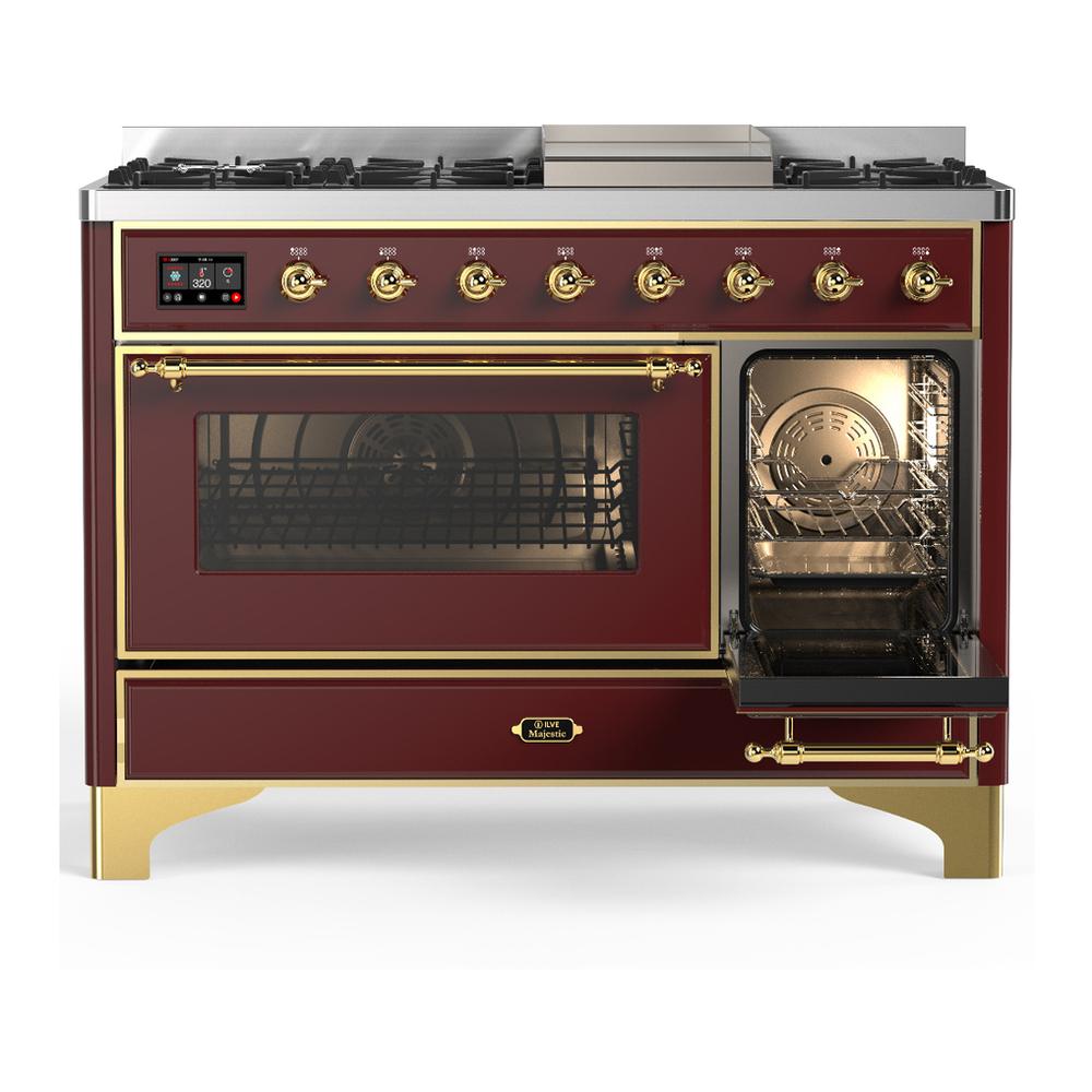 Ilve UM48FNR3BUG Ilve Um48Fnr3Bug Majestic Iii 48 Inch Dual Fuel Range With 8 Burners And Griddle, Dual Function Burner Up To 25,000 Btu (Natural Gas, Triple Glass Door, Burgundy, Brass)