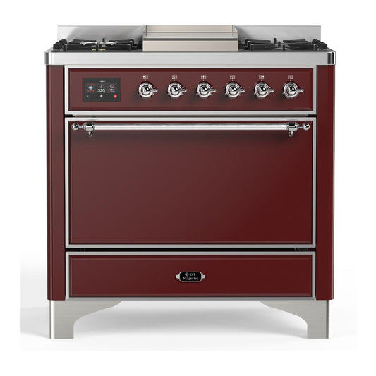 Ilve UM36FQNR3BUCLP Ilve Um36Fqnr3Buclp Majestic Iii 36 Inch Dual Fuel Range With 6 Black Brass Burners And Griddle, Dual Function Burner Up To 25,000 Btu (Solid Door, Burgundy, Chrome, Liquid Propane)