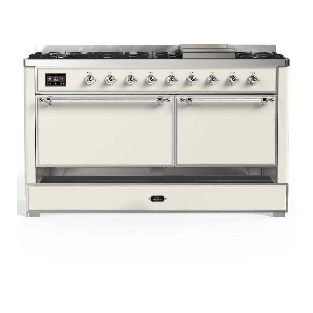 Ilve UM60FQNR3AWCLP Ilve Um60Fqnr3Awclp Majestic Iii 60 Inch Dual Fuel Range With 9 Burners And Griddle, Dual Function Burner Up To 25,000 Btu (Liquid Propane, Solid Door, Antique White, Chrome)