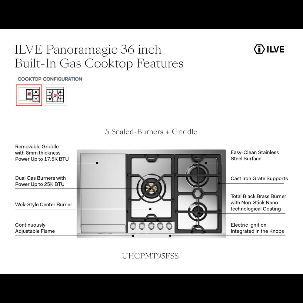 Ilve UHCPMT95FSSLP Ilve Uhcpmt95Fsslp Panoramagic 36 Inch Built-In Gas Cooktop With 5 Burners, In Stainless Steel (Liquid Propane, 5 Sealed Burners + Griddle)