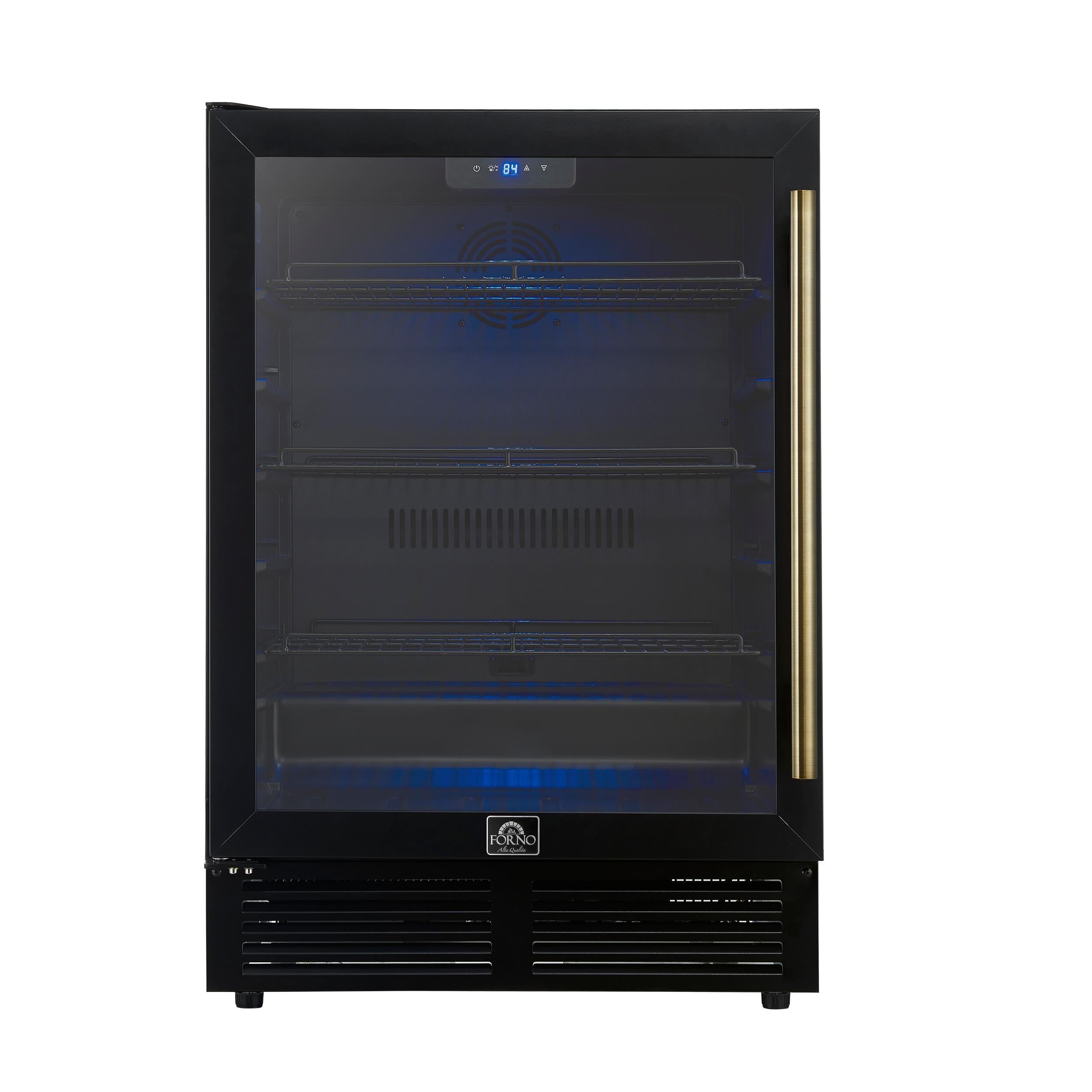 Forno FWCDR666524BLK Forno Frescolino 24 Inch Beverage Cooler, Black With Antique Brass Handles, With Led Lighting, Triple Glass Door, 188 Can Capacity, Built-In Or Freestanding