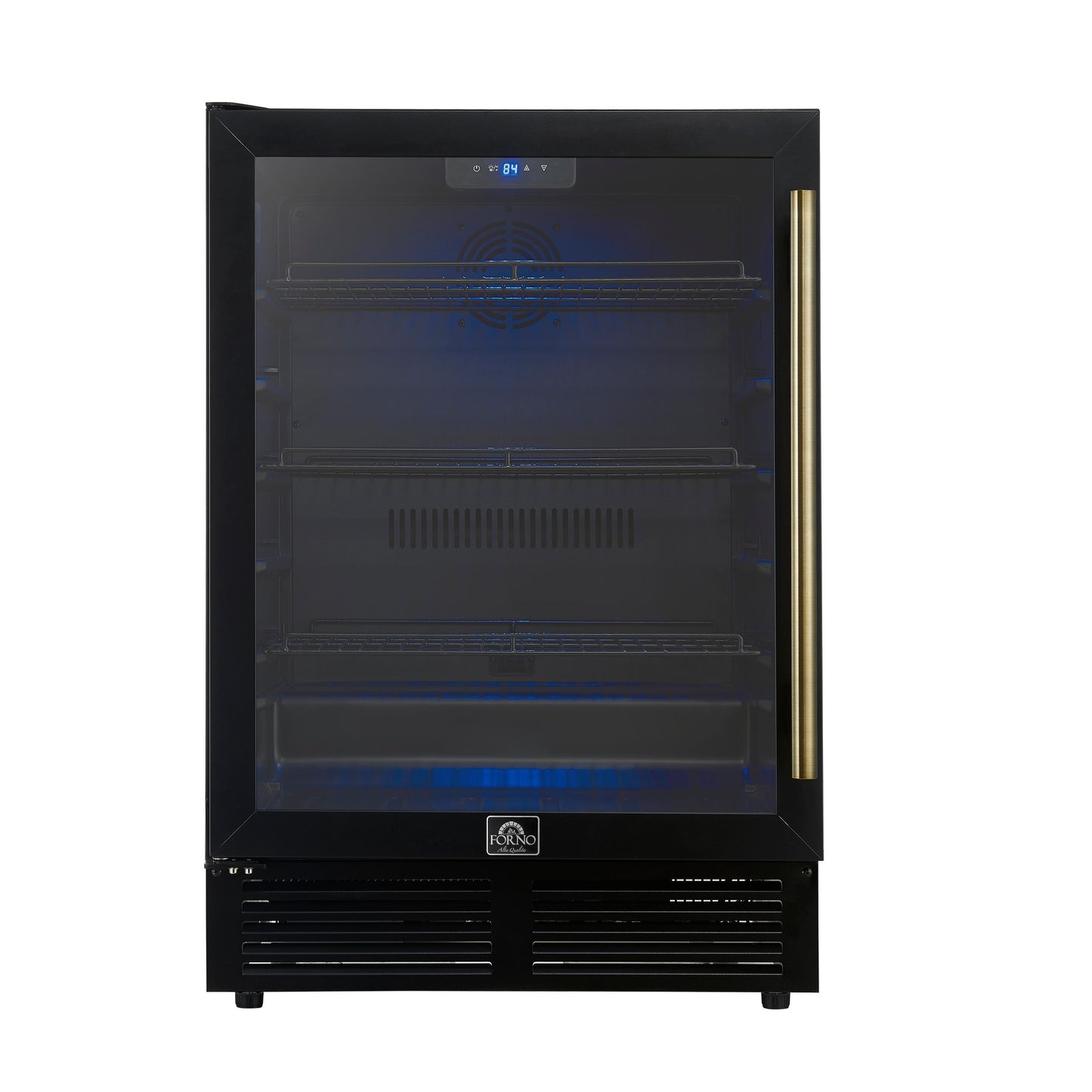 Forno FWCDR666524BLK Forno Frescolino 24 Inch Beverage Cooler, Black With Antique Brass Handles, With Led Lighting, Triple Glass Door, 188 Can Capacity, Built-In Or Freestanding
