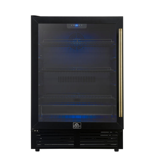 Forno FWCDR666524BLK Forno Frescolino 24 Inch Beverage Cooler, Black With Antique Brass Handles, With Led Lighting, Triple Glass Door, 188 Can Capacity, Built-In Or Freestanding