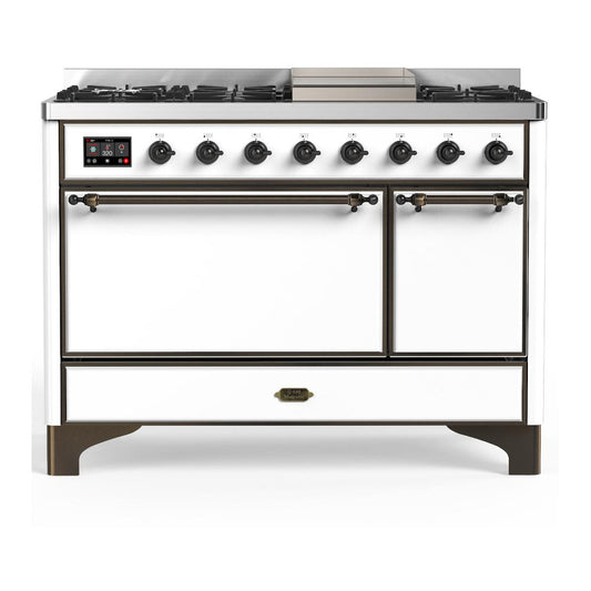 Ilve UM48FQNR3WHBLP Ilve Um48Fqnr3Whblp Majestic Iii 48 Inch Dual Fuel Range With 8 Burners And Griddle, Dual Function Burner Up To 25,000 Btu (Liquid Propane, Solid Door, White, Burnished)