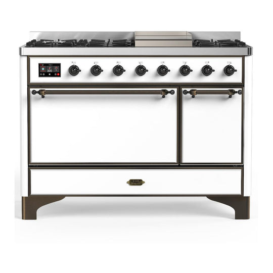 Ilve UM48FQNR3WHBLP Ilve Um48Fqnr3Whblp Majestic Iii 48 Inch Dual Fuel Range With 8 Burners And Griddle, Dual Function Burner Up To 25,000 Btu (Liquid Propane, Solid Door, White, Burnished)