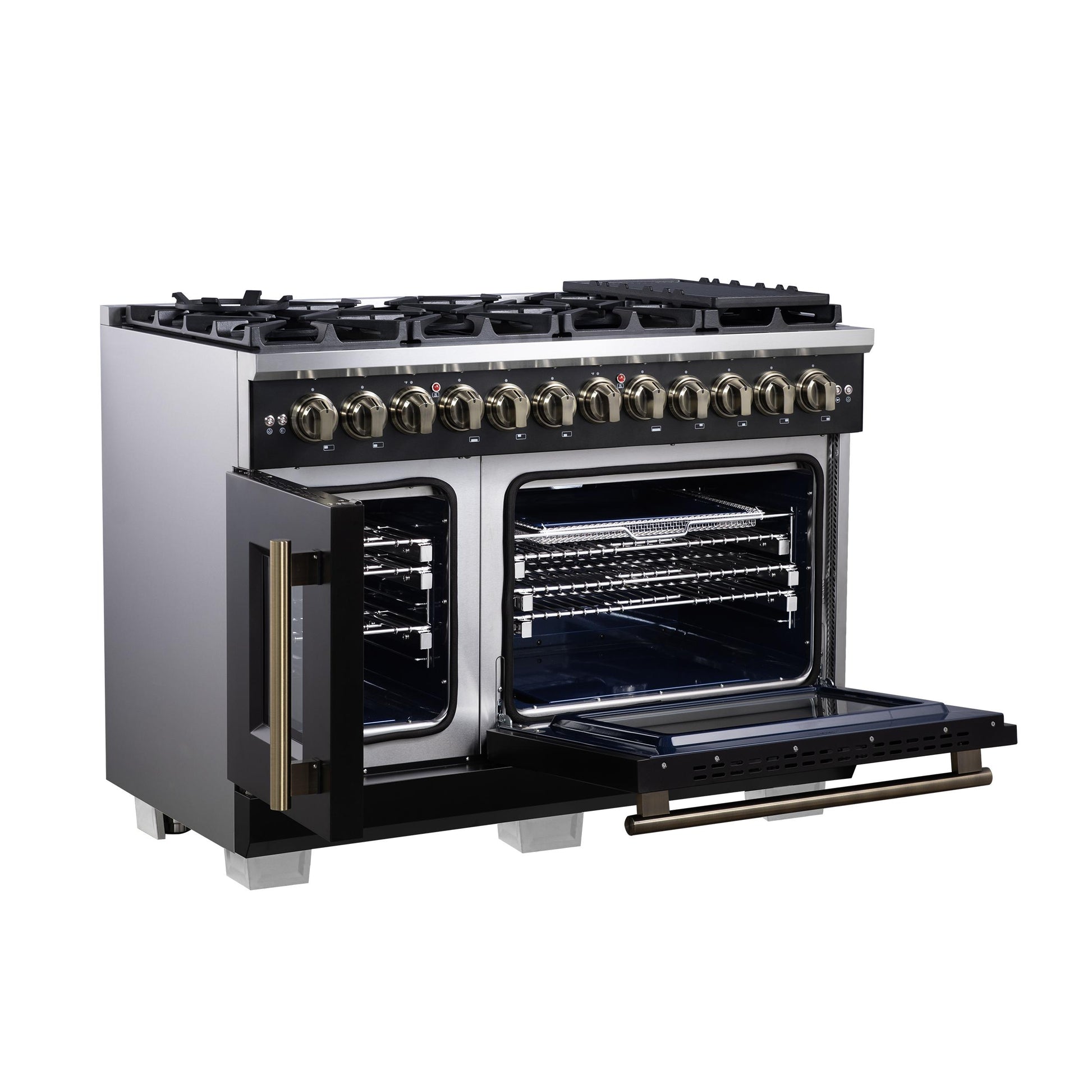 Forno FFSGS638748BLK Forno Capriasca 48 Inch Freestanding French Door Dual Fuel Range In Black With Antique Brass Accessories, 8 Burners, True Convection Oven