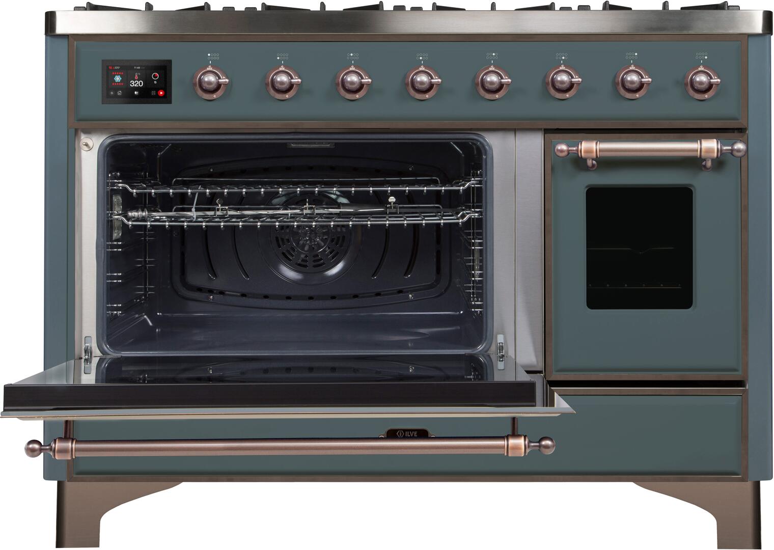 Ilve UM12FDNS3BGB Majestic Ii 48 Inch Dual Fuel Natural Gas Freestanding Range In Blue Grey With Bronze Trim