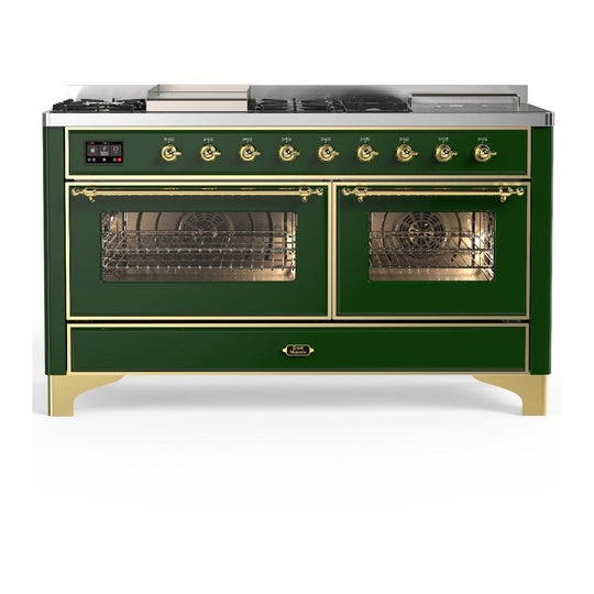 Ilve UM60FSNR3EGG Ilve Um60Fsnr3Egg Majestic Iii 60 Inch Dual Fuel Range With 7 Burners, Griddle And French Top, Dual Function Burner With Up To 25,000 Btu (Natural Gas, Triple Glass Door, Emerald Green, Brass)