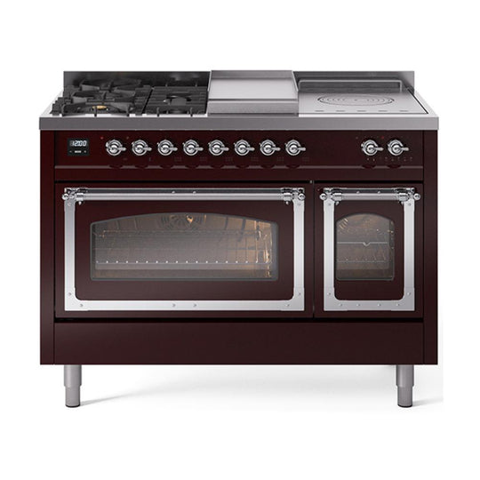 Ilve UN48FSNMPBUC Ilve Un48Fsnmpbuc Nostalgie Ii Noblesse 48" Dual Fuel Range (5 Sealed Burners + Griddle + French Top, Natural Gas, Triple Glass Door, Burgundy, Chrome)