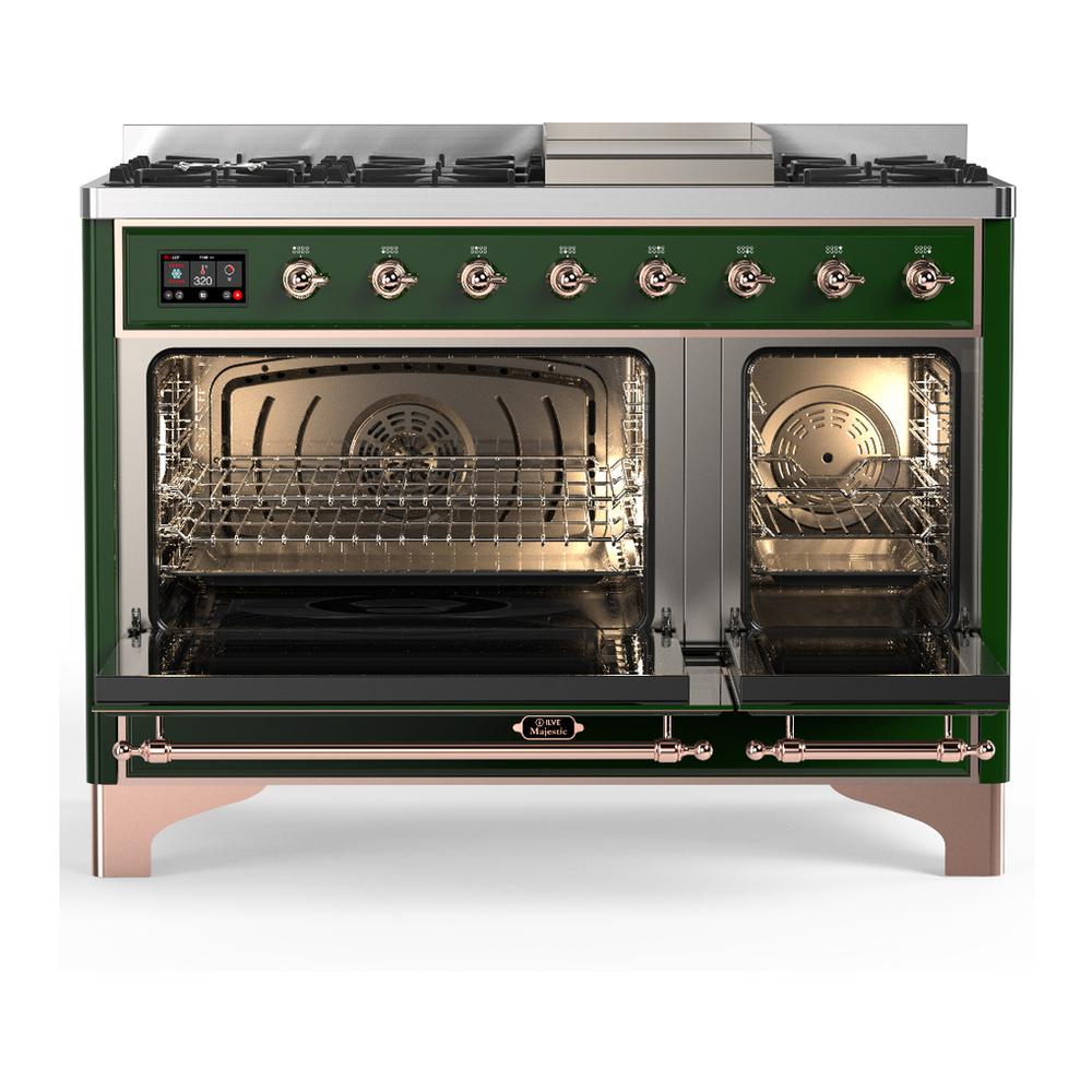 Ilve UM48FNR3EGP Ilve Um48Fnr3Egp Majestic Iii 48 Inch Dual Fuel Range With 8 Burners And Griddle, Dual Function Burner Up To 25,000 Btu (Natural Gas, Triple Glass Door, Emerald Green, Copper)