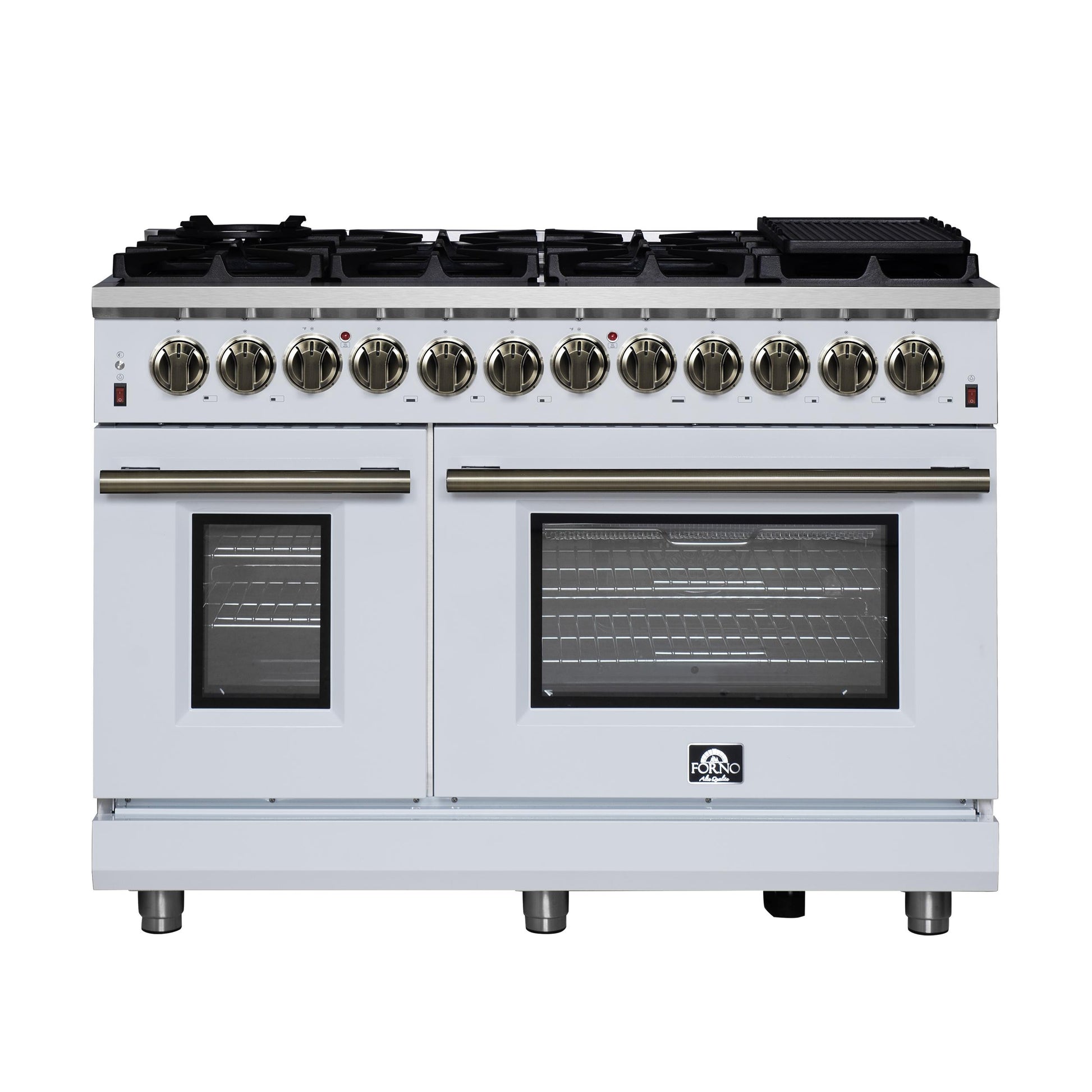 Forno FFSGS612548WHT Forno Massimo 48 Inch Freestanding Dual Fuel Range In White With Antique Brass Accessories, 8 Burners, 6.58 Cu. Ft. Convection Oven