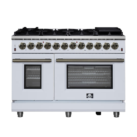 Forno FFSGS612548WHT Forno Massimo 48 Inch Freestanding Dual Fuel Range In White With Antique Brass Accessories, 8 Burners, 6.58 Cu. Ft. Convection Oven
