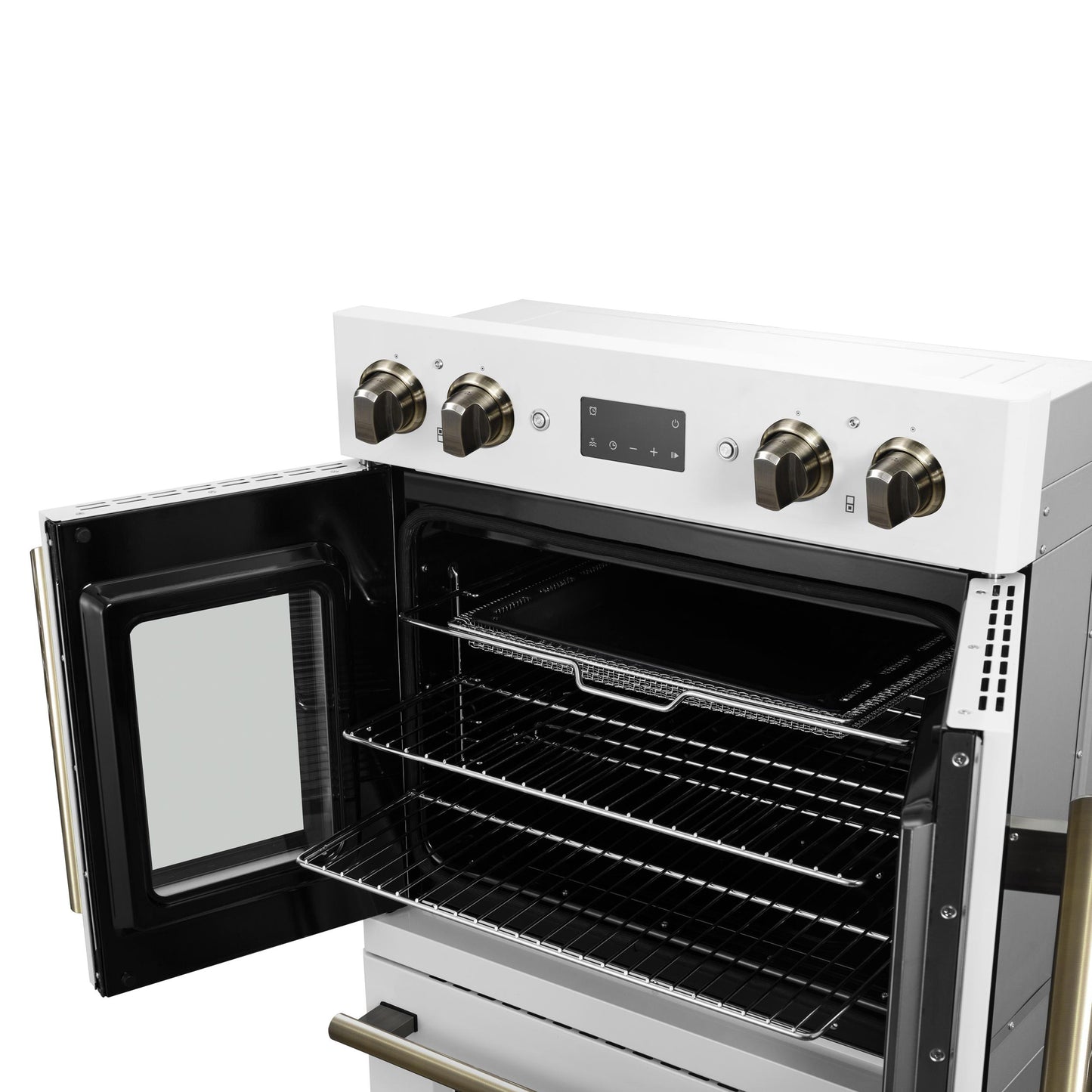 Forno FBOEL134030WHT Forno Asti 30-Inch Double Electric Wall Oven With Upper French Doors In White & Antique Brass, 7.36 Cu. Ft. Dual True Convection, 7,200W, Air Fry, Sous Vide, Self-Clean