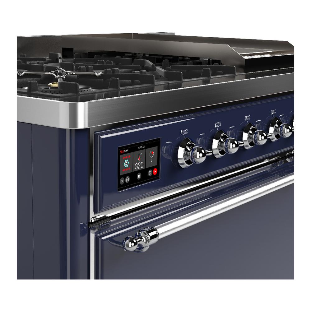 Ilve UM48FQNR3MBCLP Ilve Um48Fqnr3Mbclp Majestic Iii 48 Inch Dual Fuel Range With 8 Burners And Griddle, Dual Function Burner Up To 25,000 Btu (Liquid Propane, Solid Door, Midnight Blue, Chrome)