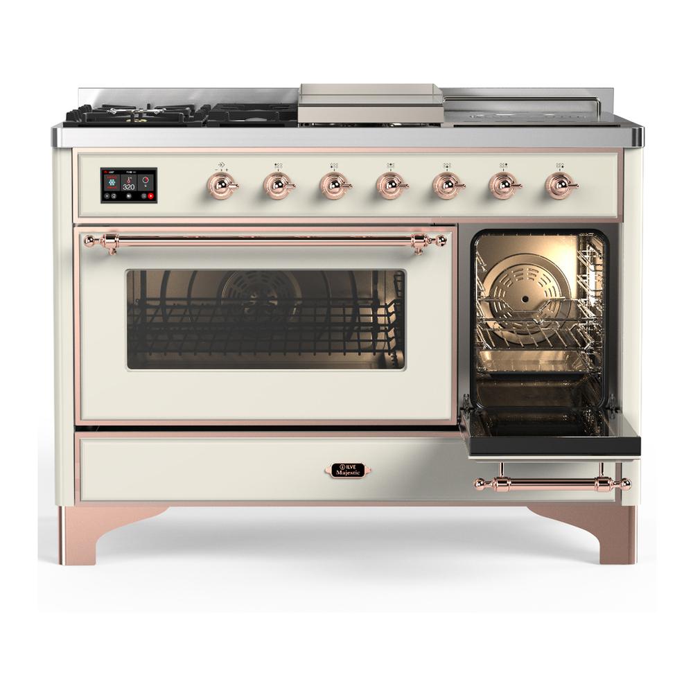 Ilve UM48FSNR3AWP Ilve Um48Fsnr3Awp Majestic Iii 48 Inch Dual Fuel Range With 5 Black Brass Burners, Griddle And French Top, Dual Function Burner Up To 25,000 Btu (Natural Gas, Triple Glass Door, Antique White, Copper)