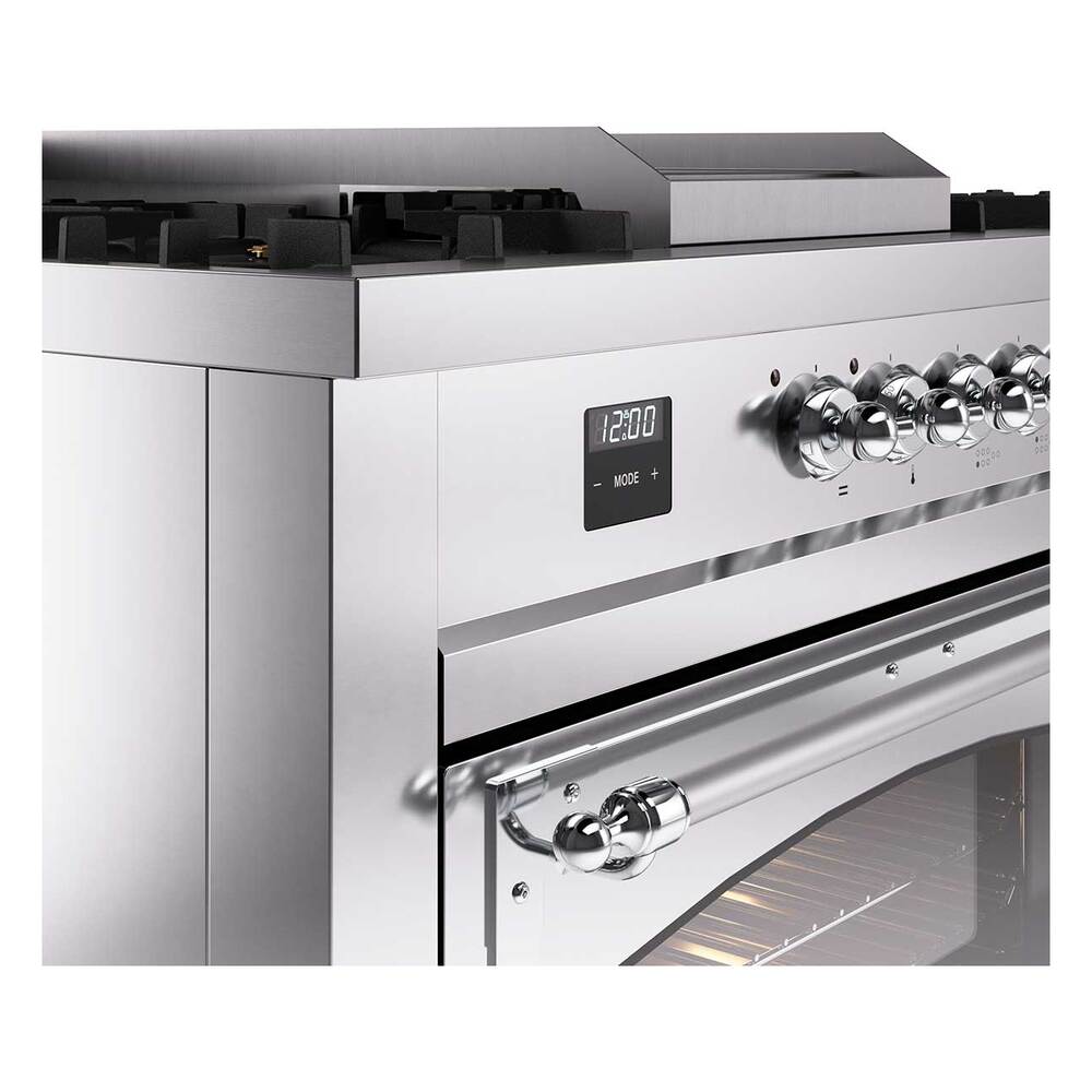Ilve UN60FSNMPSSCLP Ilve Un60Fsnmpssclp Nostalgie Ii Noblesse 60" Dual Fuel Range (7 Sealed Burners + Griddle + French Top, Liquid Propane, Triple Glass Door, Stainless Steel, Chrome)