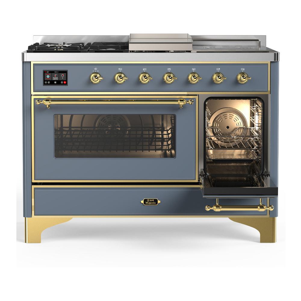 Ilve UM48FSNR3BGG Ilve Um48Fsnr3Bgg Majestic Iii 48 Inch Dual Fuel Range With 5 Black Brass Burners, Griddle And French Top, Dual Function Burner Up To 25,000 Btu (Natural Gas, Triple Glass Door, Blue Grey, Brass)