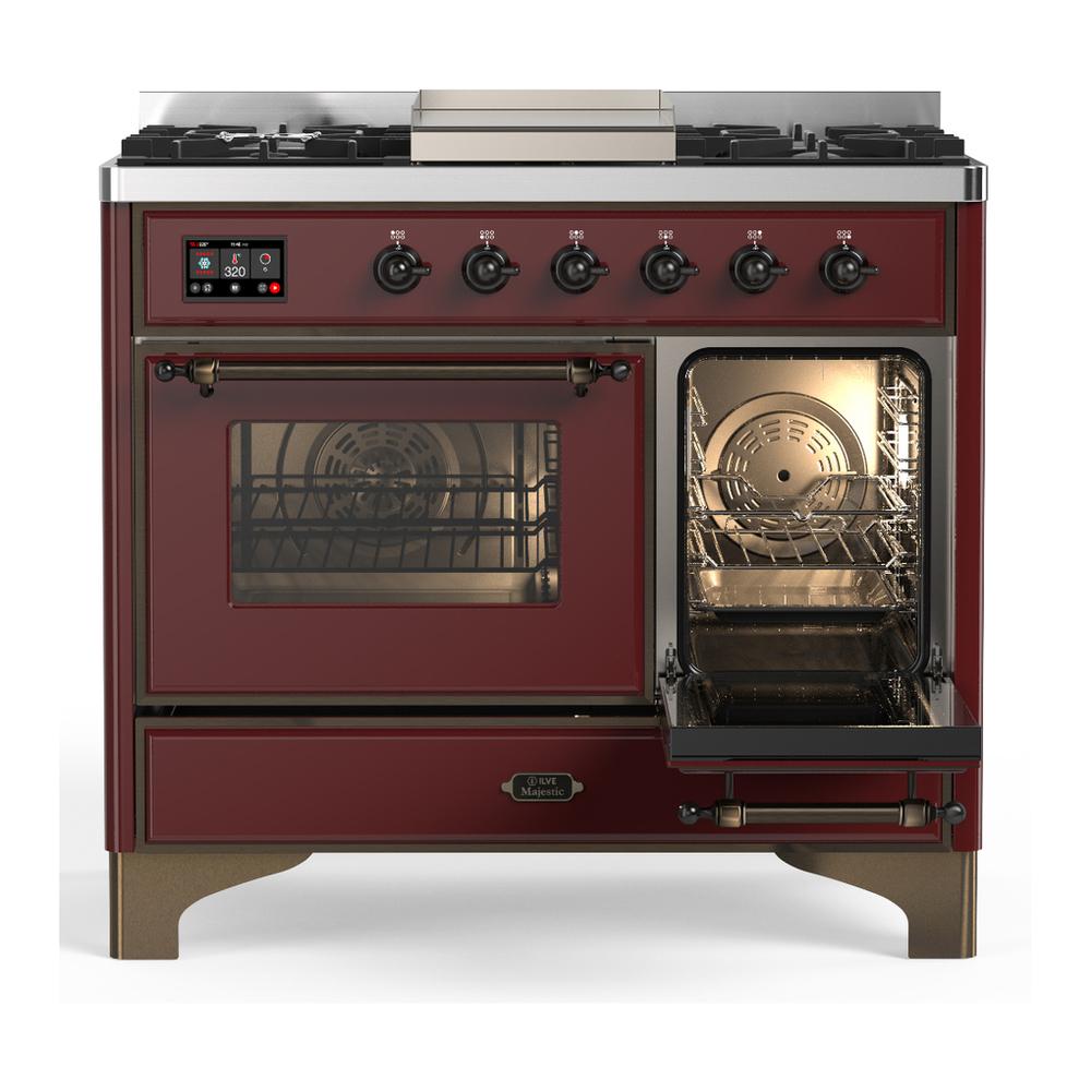 Ilve UMD40FNR3BUB Ilve Umd40Fnr3Bub Majestic Iii 40 Inch Dual Fuel Range With 6 Burners And Griddle, Dual Function Burner Up To 25,000 Btu (Natural Gas, Triple Glass Door, Burgundy, Burnished)