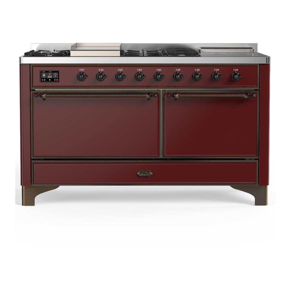 Ilve UM60FSQNR3BUBLP Ilve Um60Fsqnr3Bublp Majestic Iii 60 Inch Dual Fuel Range With 7 Burners, Griddle And French Top, Dual Function Burner With Up To 25,000 Btu (Liquid Propane, Solid Door, Burgundy, Burnished)