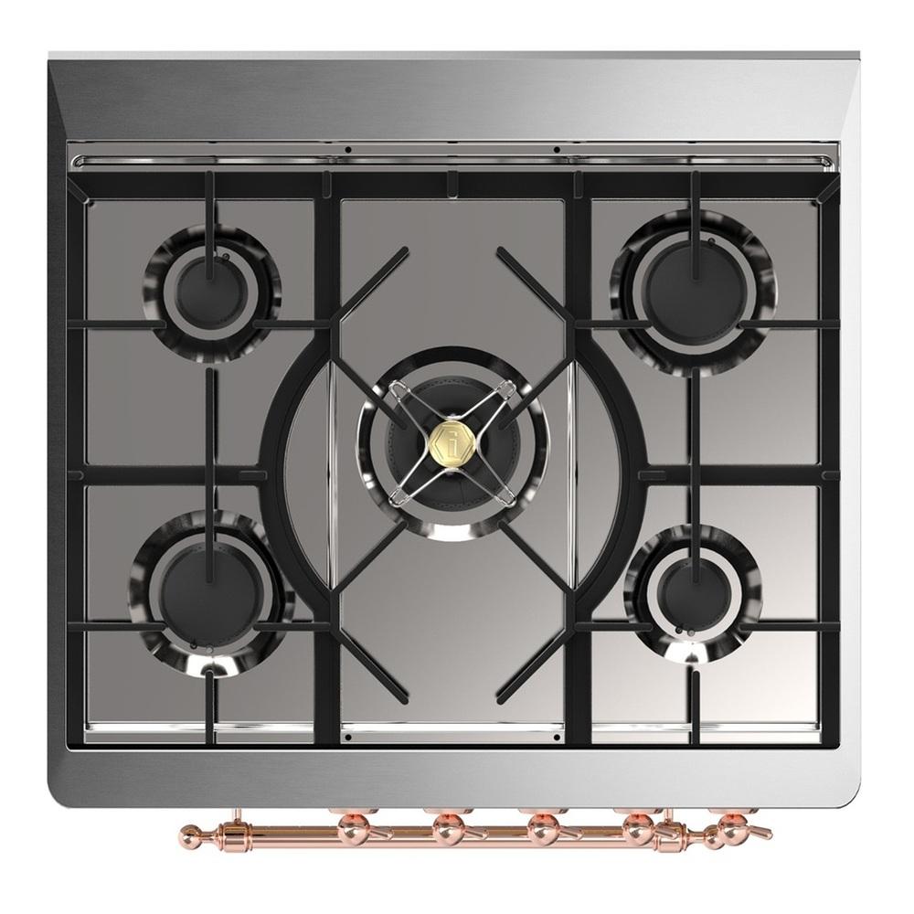 Ilve UM30QNR3EGPLP Ilve Um30Qnr3Egplp Majestic Iii 30 Inch Dual Fuel Range With 5 Black Brass Burners, Dual Function Burner Up To 25,000 Btu (Liquid Propane, Solid Door, Emerald Green, Copper)