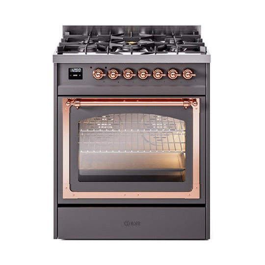 Ilve UN30NMPMGP Ilve Un30Nmpmgp Nostalgie Ii Noblesse 30" Dual Fuel Range (Natural Gas, Triple Glass Door, Graphite Matte, Copper)