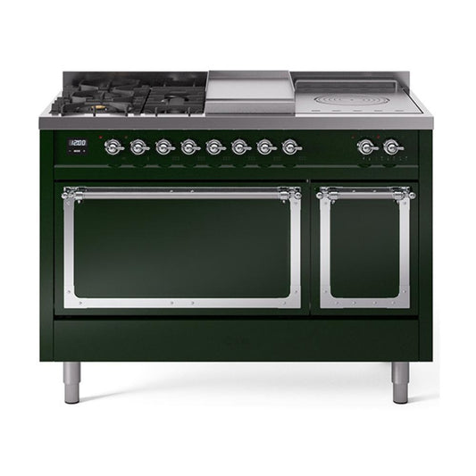 Ilve UN48FSQNMPEGC Ilve Un48Fsqnmpegc Nostalgie Ii Noblesse 48" Dual Fuel Range (5 Sealed Burners + Griddle + French Top, Natural Gas, Solid Door, Emerald Green, Chrome)