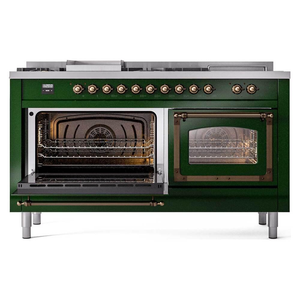 Ilve UN60FSNMPEGB Ilve Un60Fsnmpegb Nostalgie Ii Noblesse 60" Dual Fuel Range (7 Sealed Burners + Griddle + French Top, Natural Gas, Triple Glass Door, Emerald Green, Burnished)