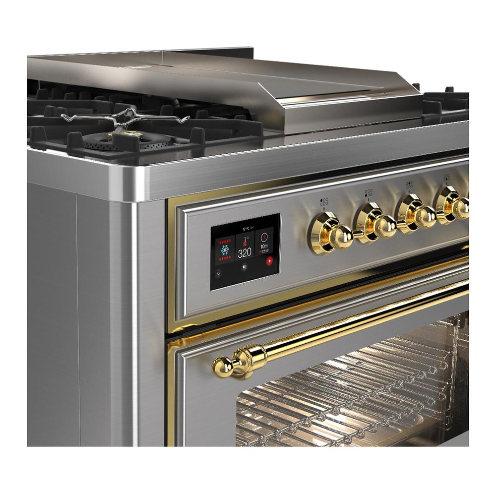 Ilve UM36FNR3SSG Ilve Um36Fnr3Ssg Majestic Iii 36 Inch Dual Fuel Range With 6 Black Brass Burners And Griddle, Dual Function Burner Up To 25,000 Btu (Triple Glass Door, Stainless Steel, Brass, Natural Gas)