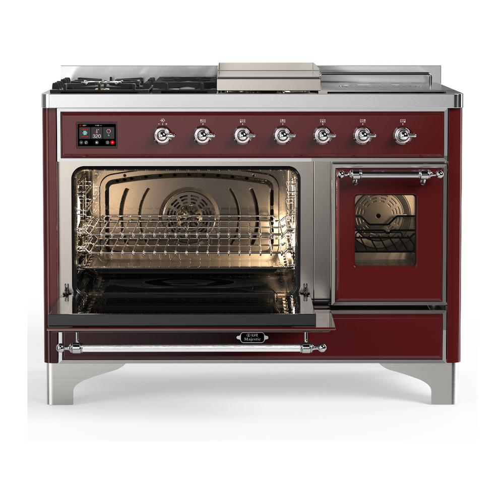 Ilve UM48FSNR3BUCLP Ilve Um48Fsnr3Buclp Majestic Iii 48 Inch Dual Fuel Range With 5 Black Brass Burners, Griddle And French Top, Dual Function Burner Up To 25,000 Btu (Liquid Propane, Triple Glass Door, Burgundy, Chrome)