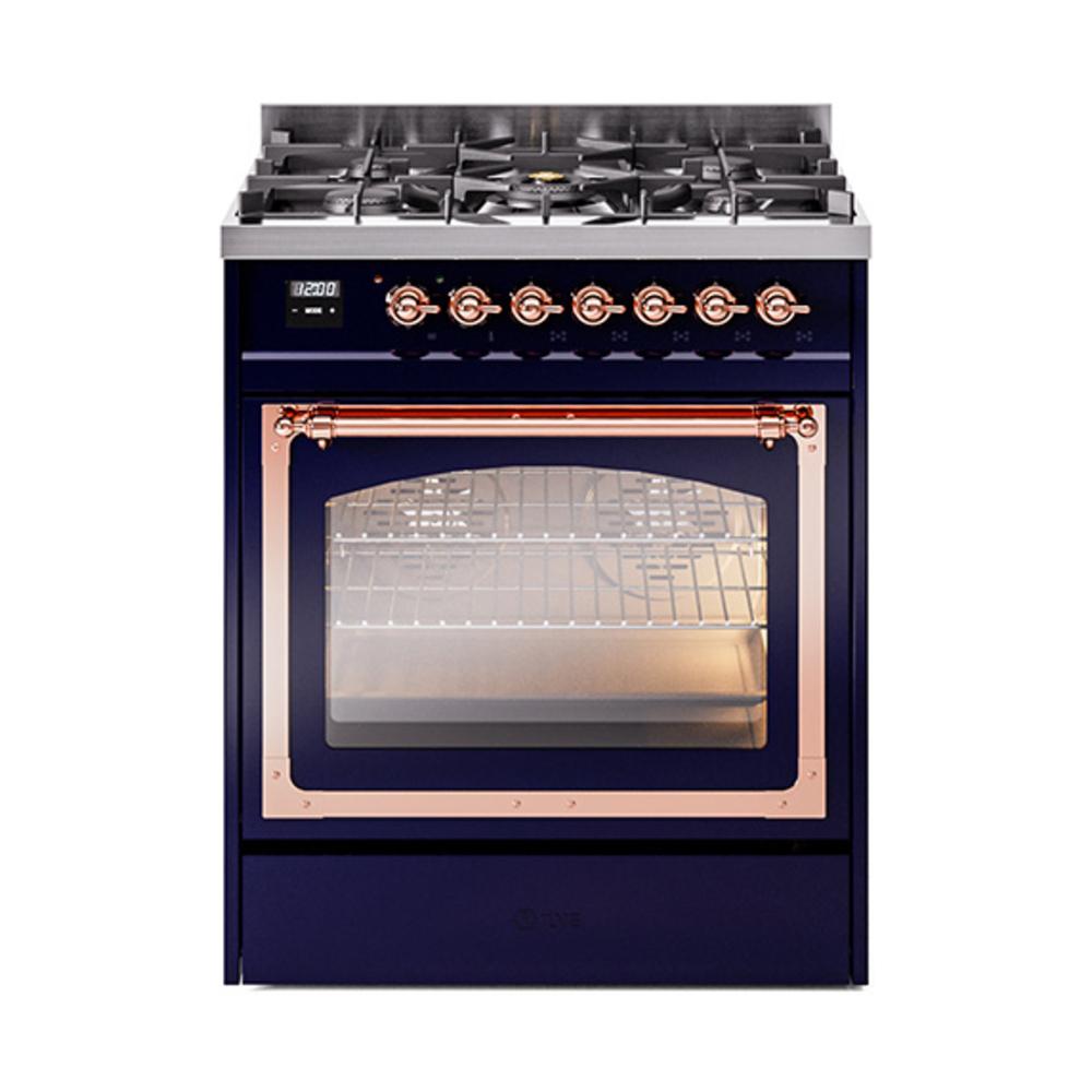 Ilve UN30NMPMBP Ilve Un30Nmpmbp Nostalgie Ii Noblesse 30" Dual Fuel Range (Natural Gas, Triple Glass Door, Midnight Blue, Copper)