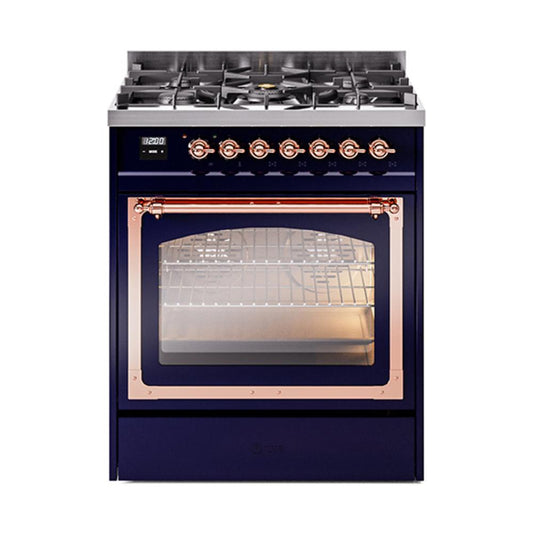 Ilve UN30NMPMBP Ilve Un30Nmpmbp Nostalgie Ii Noblesse 30" Dual Fuel Range (Natural Gas, Triple Glass Door, Midnight Blue, Copper)
