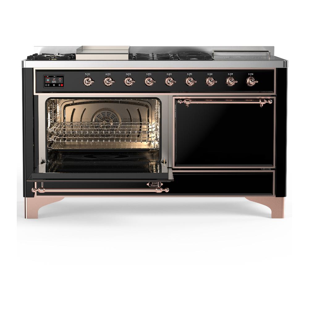 Ilve UM60FSQNR3BKPLP Ilve Um60Fsqnr3Bkplp Majestic Iii 60 Inch Dual Fuel Range With 7 Burners, Griddle And French Top, Dual Function Burner With Up To 25,000 Btu (Liquid Propane, Solid Door, Glossy Black, Copper)