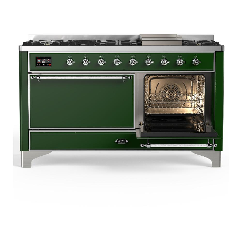 Ilve UM60FQNR3EGC Ilve Um60Fqnr3Egc Majestic Iii 60 Inch Dual Fuel Range With 9 Burners And Griddle, Dual Function Burner Up To 25,000 Btu (Natural Gas, Solid Door, Emerald Green, Chrome)
