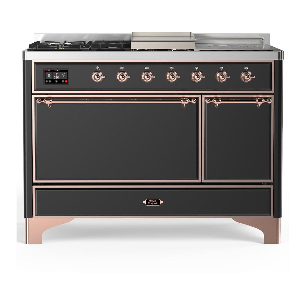 Ilve UM48FSQNR3MGPLP Ilve Um48Fsqnr3Mgplp Majestic Iii 48 Inch Dual Fuel Range With 5 Black Brass Burners, Griddle And French Top, Dual Function Burner Up To 25,000 Btu (Liquid Propane, Solid Door, Graphite Matte, Copper)