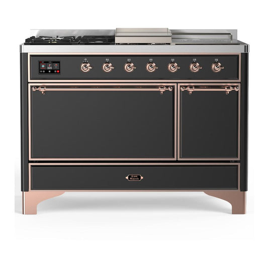 Ilve UM48FSQNR3MGPLP Ilve Um48Fsqnr3Mgplp Majestic Iii 48 Inch Dual Fuel Range With 5 Black Brass Burners, Griddle And French Top, Dual Function Burner Up To 25,000 Btu (Liquid Propane, Solid Door, Graphite Matte, Copper)