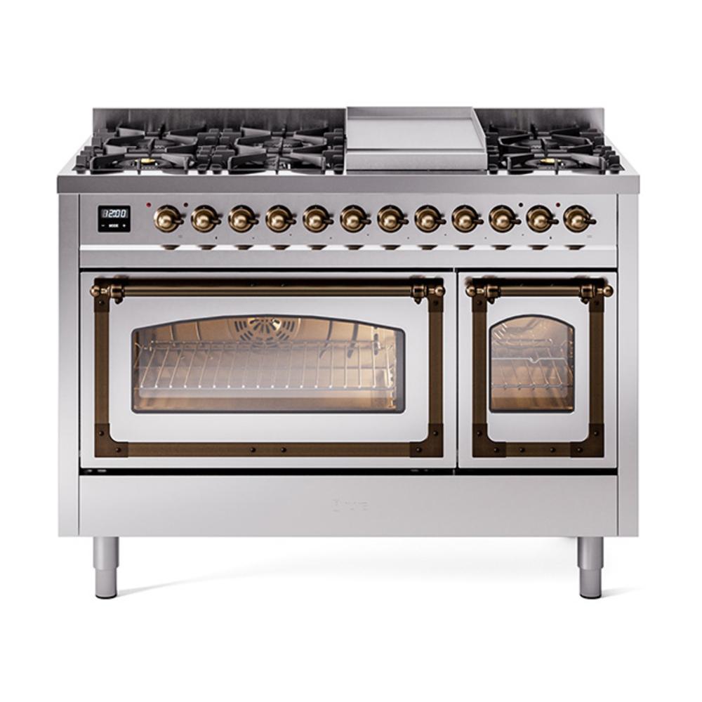 Ilve UN48FNMPSSB Ilve Un48Fnmpssb Nostalgie Ii Noblesse 48" Dual Fuel Range (8 Sealed Burners + Griddle, Natural Gas, Triple Glass Door, Stainless Steel, Burnished)