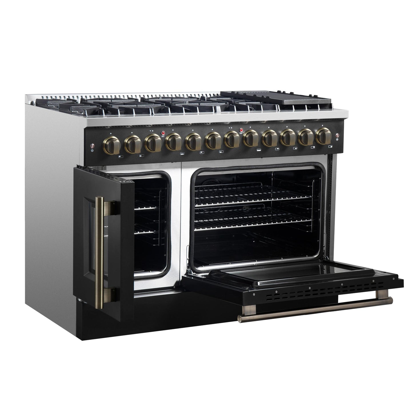Forno FFSGS635648BLK Forno Galiano 48-Inch French Door Dual Fuel Range, Black & Antique Brass Design, 8 Sealed Burners - 107,000 Btu, Griddle, 6.58 Cu.Ft. Double Ovens