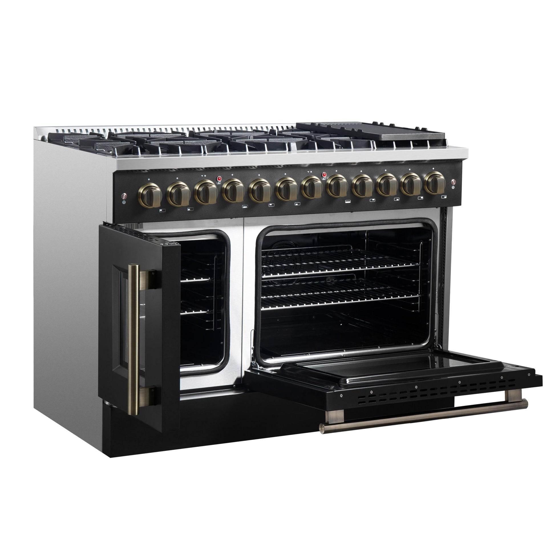 Forno FFSGS635648BLK Forno Galiano 48-Inch French Door Dual Fuel Range, Black & Antique Brass Design, 8 Sealed Burners - 107,000 Btu, Griddle, 6.58 Cu.Ft. Double Ovens