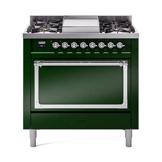 Ilve UN36FQNMPEGC Ilve Un36Fqnmpegc Nostalgie Ii Noblesse 36" Dual Fuel Range (Natural Gas, Solid Door, Emerald Green, Chrome)