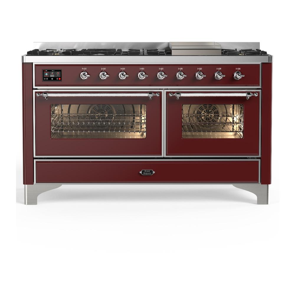 Ilve UM60FNR3BUCLP Ilve Um60Fnr3Buclp Majestic Iii 60 Inch Dual Fuel Range With 9 Burners And Griddle, Dual Function Burner Up To 25,000 Btu (Liquid Propane, Triple Glass Door, Burgundy, Chrome)
