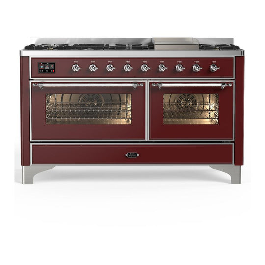 Ilve UM60FNR3BUCLP Ilve Um60Fnr3Buclp Majestic Iii 60 Inch Dual Fuel Range With 9 Burners And Griddle, Dual Function Burner Up To 25,000 Btu (Liquid Propane, Triple Glass Door, Burgundy, Chrome)