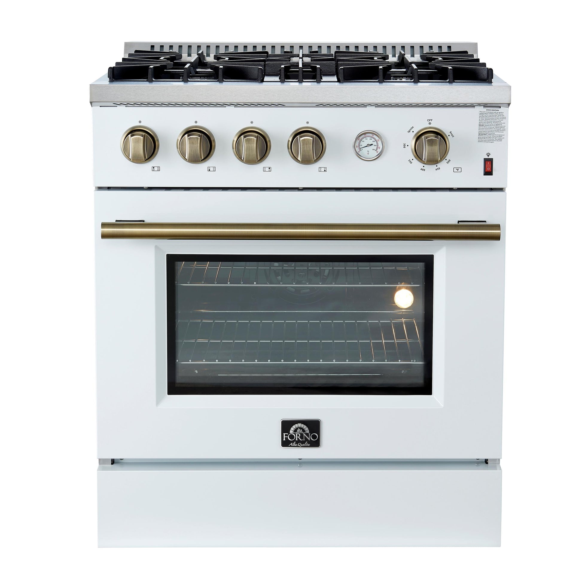 Forno FFSGS627730WHT Marco 30-Inch Gas Range White & Antique Brass Design, 4 Burners 37,000 Btu, 4.32 Cu.Ft. Convection Oven