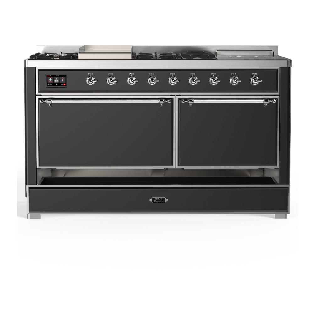 Ilve UM60FSQNR3MGC Ilve Um60Fsqnr3Mgc Majestic Iii 60 Inch Dual Fuel Range With 7 Burners, Griddle And French Top, Dual Function Burner With Up To 25,000 Btu (Natural Gas, Solid Door, Graphite Matte, Chrome)