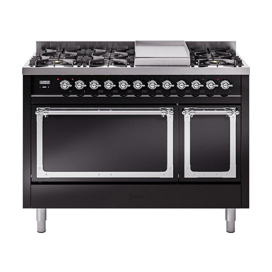 Ilve UN48FQNMPBKC Ilve Un48Fqnmpbkc Nostalgie Ii Noblesse 48" Dual Fuel Range (8 Sealed Burners + Griddle, Natural Gas, Solid Door, Glossy Black, Chrome)