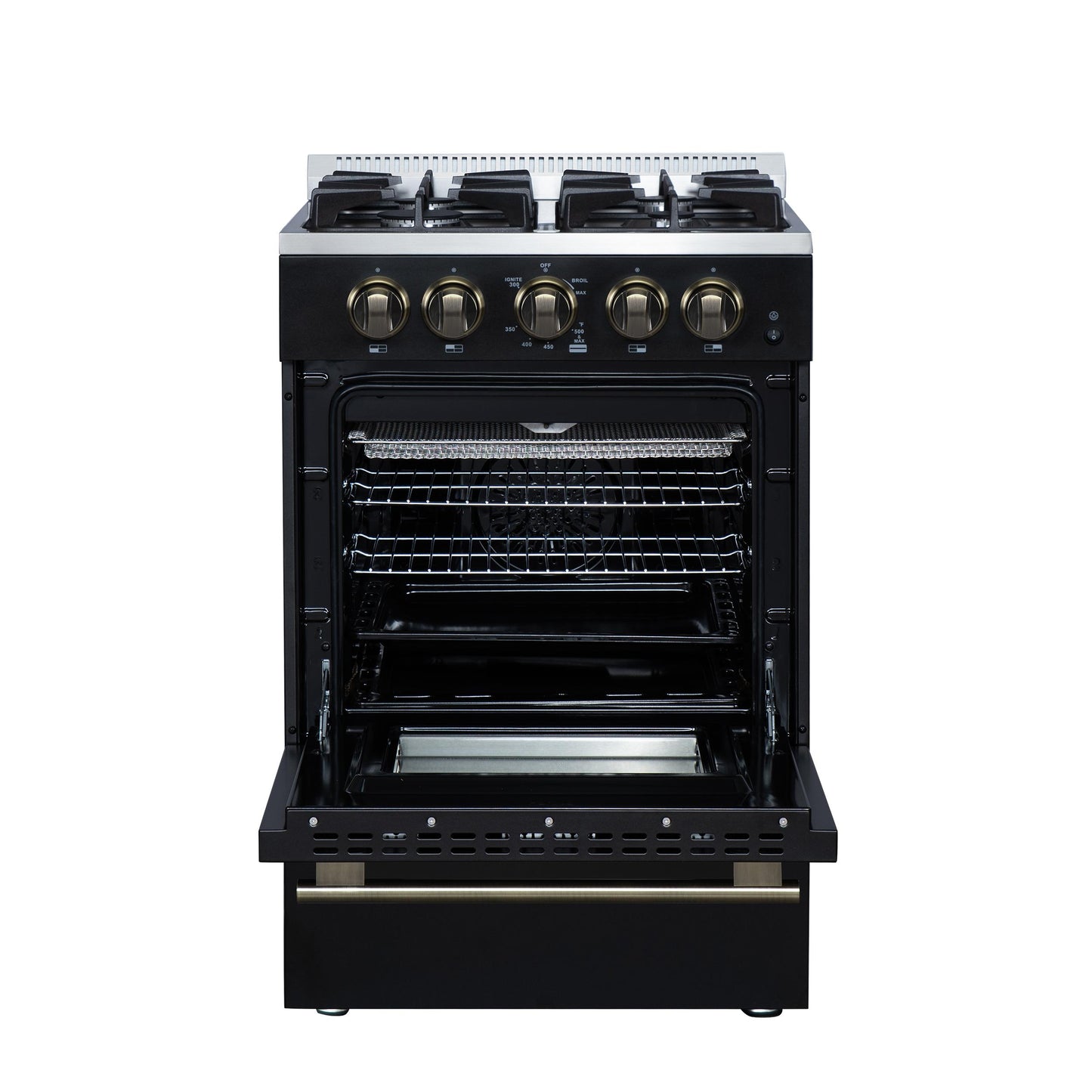Forno FFSGS627224BLK Forno Breno 24 Inch Freestanding Gas Range In Black With Antique Brass, Compact Design
