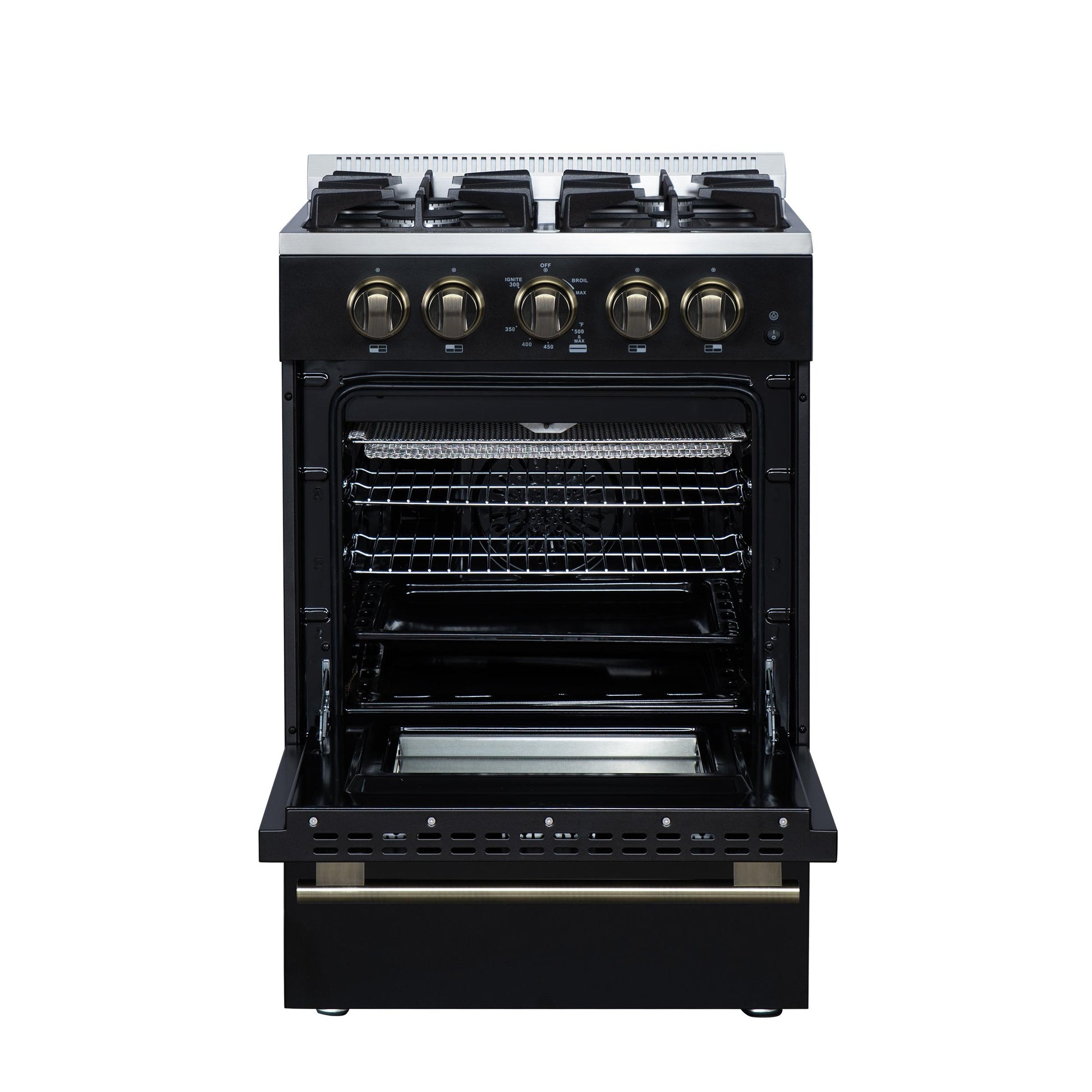 Forno FFSGS627224BLK Forno Breno 24 Inch Freestanding Gas Range In Black With Antique Brass, Compact Design